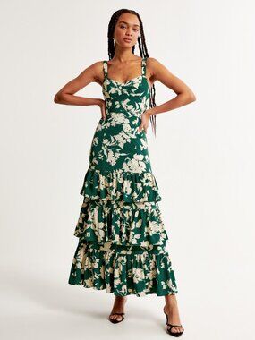 Abercrombie & Fitch Ruffle Tiered Maxi Dress Green Pattern Size S NWT $150